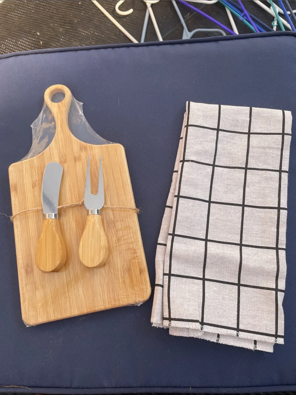Bamboo Cheese Board with Spreader & Fork Set - and Black/Tan Kitchen Towel